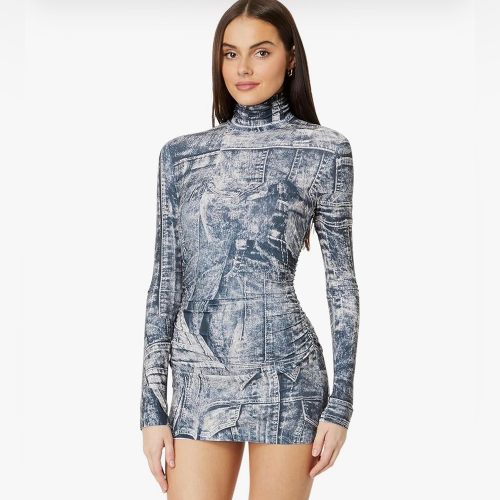 Norma Kamali Long Sleeve Denim Print Turtleneck Pickleball Dress Medium NWT